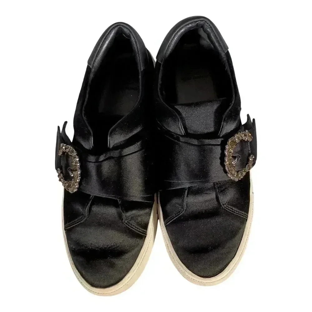 Tory Burch Greer Fashion Sneaker Rhinestone Buckle Satin Leather Black Women's 7